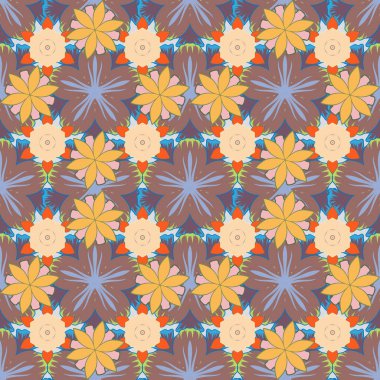Küçük çiçekte desenli sevimli çiçek deseni var. Soyut stilize edilmiş şık sarı, bej ve mavi çiçekler.