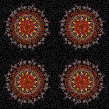 Süslü kırmızı, mor ve kahverengi desenli tasarım. Davetiyeler için süs, doğum günü, tebrik kartları, web sayfaları. Lüks renkli duvar kâğıdı. Doğu tarzında kusursuz vektör dokusu.