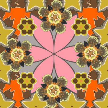 Vektör çizimi. Sarı, kahverengi ve pembe renklerde etnik, pürüzsüz desen.