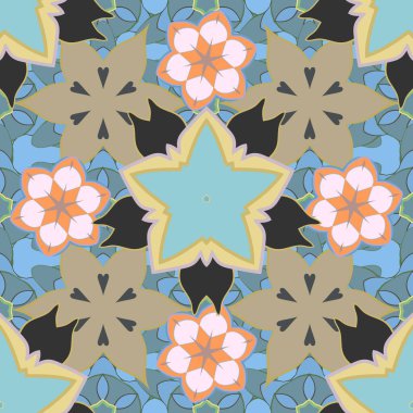 Ditsy çiçekli arka plan. Gri, mavi ve turuncu renkli küçük çiçeklerle kusursuz desen. Moda baskıları için zarif bir şablon. Küçük çiçekte şirin desenler.