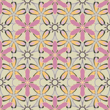 Geometrik yaprak süsü. Grafiksel modern model. Sarı, gri ve pembe renklerde kusursuz soyut çiçek deseni. Şirin vektör arkaplanı.