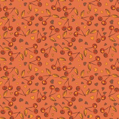 Soyut kirazlı kare kompozisyon. Şekillendirilmiş turuncu ve kahverengi kirazlı vektörsüz desen.