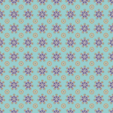 Raster illüstrasyonu. Damask turuncu ve mavi renklerde, dikdörtgen çiçekli arka plan deseni.