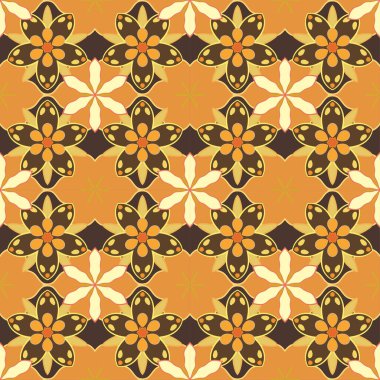 Zarif vektör klasik kusursuz desen. Tekrarlayan elementlerle kahverengi, sarı ve turuncu renklerde kusursuz soyut süs..