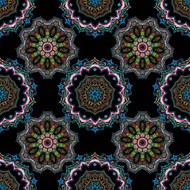 Sorunlu damasküler desensiz arka plan fayansları. Siyah arkaplanda vektörsüz süs.