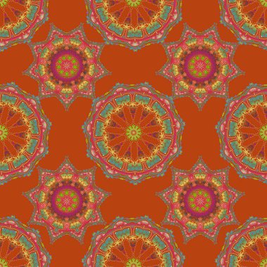 Güzel pembe ve yeşil el çizimi, kusursuz vektör çizimi. Zarif, pürüzsüz desenli ve Mandala elementleriyle.