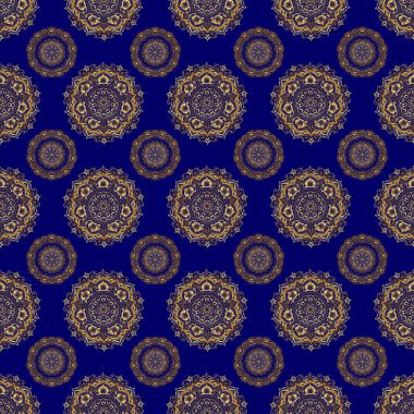 Mavi ve altın süslemeli, soyut, dikişsiz yama arkaplan, geometrik Fas desenli. Şekillendirilmiş altın yıldızlar, kar taneleri ve ızgaralar. Etnik Hint folkloru.