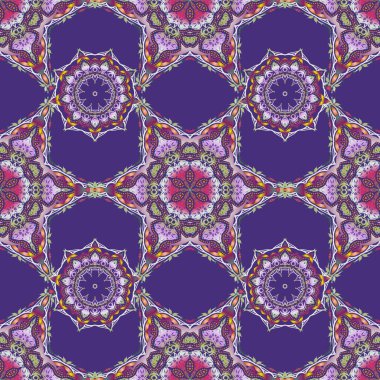 Şam süsü ile kusursuz desen. Eflatun arka planda Arap tarzı kusursuz vektör çok renkli süs. Duvar kağıtları, arka planlar, el ilanları veya ambalaj kağıtları için desen.