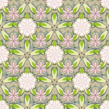 Vektör çizimi. Yeşil, mavi ve bej renklerde biçimlendirilmiş çiçeklerle kusursuz çiçek deseni.