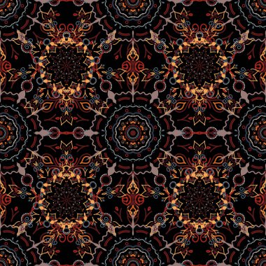 Güzel tebrik kartı. Siyah arkaplanda renksiz desen var. Arabesk, karalama ve kahverengi ve sarı kar taneleriyle kışın vektör çerçevesi.