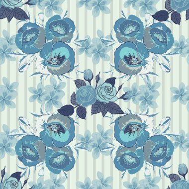 Menekşe, mavi ve gri renkte gelincik çiçekleri olan soyut zarafet vektörü kusursuz desen.