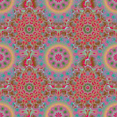 Sorunlu damasküler desensiz arka plan fayansları. Yeşil ve turuncu renklerde pürüzsüz süs.