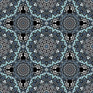 Çiçekli ve Mandala elementli zarif, pürüzsüz bir desen. Güzel mavi, yeşil ve gri elle çizilmiş kusursuz vektör çizimi.