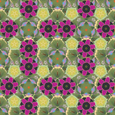 Vektör çizimi. Mor, kahverengi ve gri renklerde etnik, pürüzsüz desen.