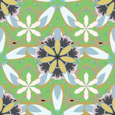 Moda olmayan çiçek deseni. Sarı, yeşil ve mavi renklerde küçük, hantal çiçekler..