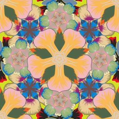 Çiçeklerle suluboya kusursuz desen. Sarı, yeşil ve bej renkli moda baskı. Enfes bir desen, çiçekli suluboya bir eskiz, klasik tarzda. Dekorasyon ve tasarım için güzel desen.