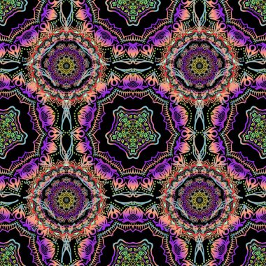 Klasik lüks, eski moda İspanyol süsü, duvar kağıtları, tekstil ve ambalaj için kraliyet Victoria dönemi dikişsiz dokusu. Sarı, mavi ve turuncu renklerde vektör damaskesiz desen.