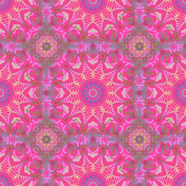 Ikat damaske desensiz arkaplan fayansı menekşe, pembe ve bej renklerde.