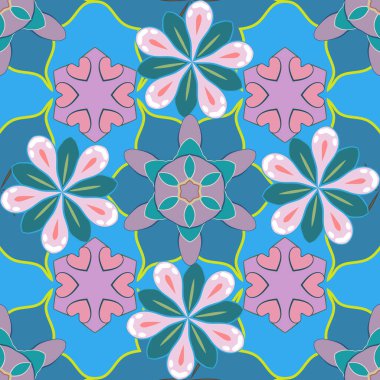 Kraliyet çiçeğiyle modern çiçek deseni. Kusursuz çiçek süsü. Sarı, mavi ve pembe renkte renk yönelimli desen.