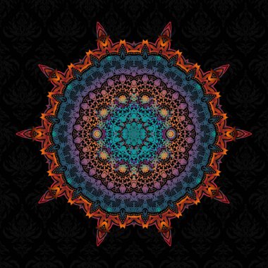 Mavi, turuncu ve kahverengi tekrarlayan elementlerle klasik dikişsiz desen. Oriental soyut vektör klasik desen.