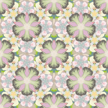 Tropikal yaprakları ve çiçekleri gri, yeşil ve sarı renklerde olan vektörsüz arkaplan deseni.