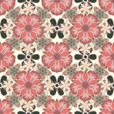Vektör çizimi. Pembe, gri ve bej renklerde, karışık çiçeklerle kusursuz çiçek deseni..