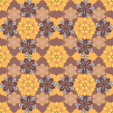 Raster illüstrasyonu. Soyut çiçekler. Kahverengi, bej ve sarı renkli küçük çiçeklerle pürüzsüz bir desen..