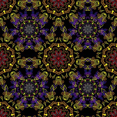 Siyah arkaplanda sarı, mor ve kırmızı renklerde vektörsüz desen. Kar taneleri yeni yıl arifesinde kışı geçirir.