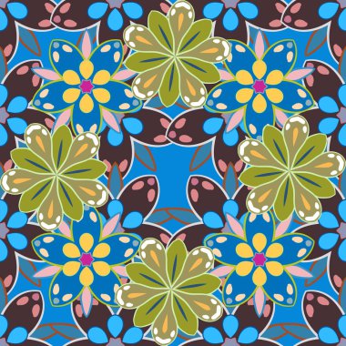 Kusursuz vektör deseni ve doğal çiçek deseni. Paket kağıdı, tekrarlayan elementler, klasik tasarım, defter kapağı için sarı, mavi ve kahverengi renklerde mükemmel tasarım.