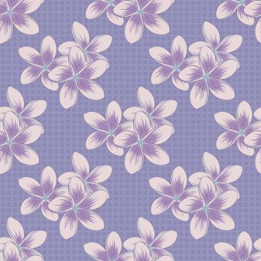 Vektör çizimi. Şirin taşıyıcı Plumeria çiçek izi. Çiçeksiz, pembe, mavi ve mor renklerde desenler..