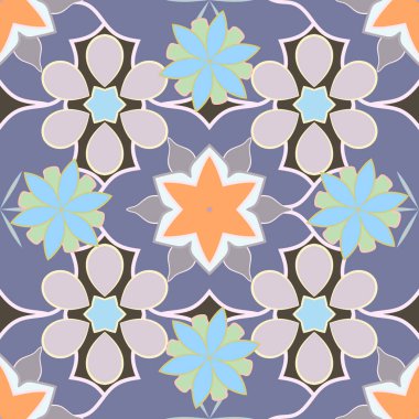 Moda tekstili ve kumaşı için nakış. Kahverengi, mor ve gri renkli güzel çiçeklerle nakışsız desen. Çiçekli bir süs..