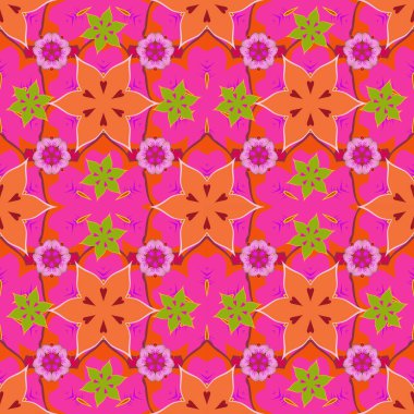 Pembe, turuncu ve morumsu. Soyut karman çorman süslemesi olan kusursuz vektör deseni.
