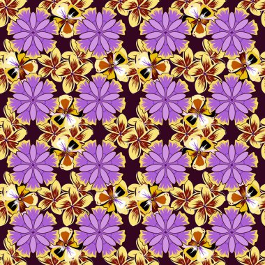 Kırmızı, mor ve sarı renkli vektör çiçek deseni. Şirin Plumeria çiçek deseni. Çizgili arkaplanda suluboya desensiz.