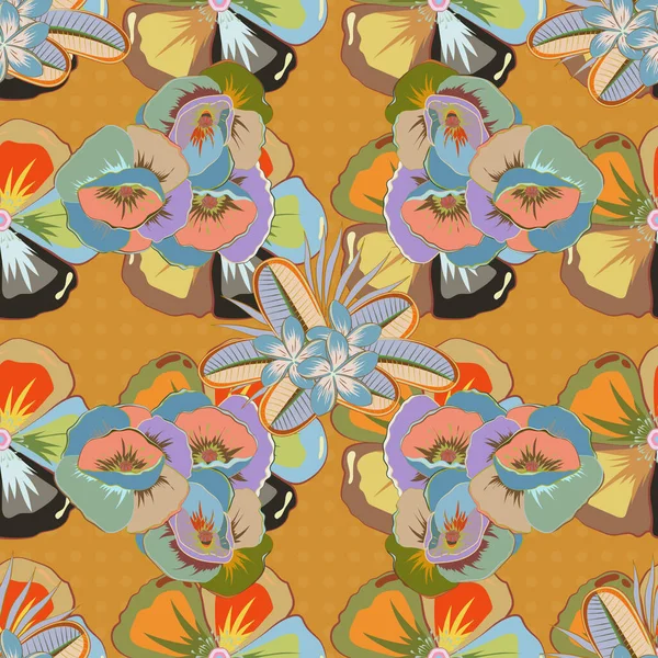 縞模様の背景に水彩シームレスパターン オレンジの花のプリント 可愛いポピーの花のパターン — ストックベクタ