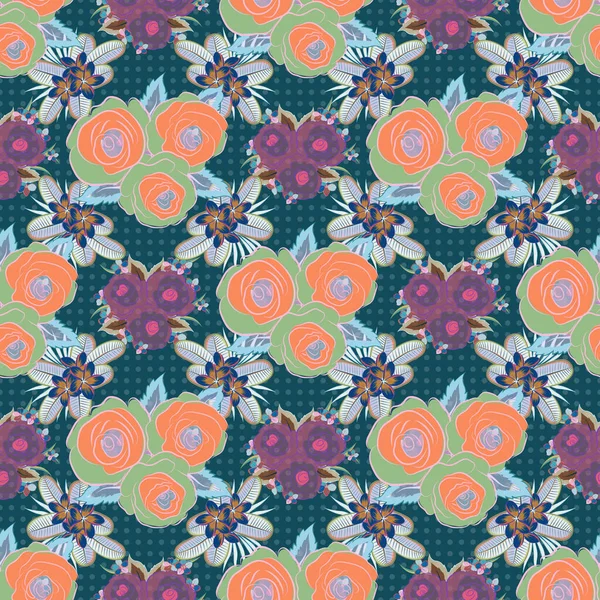 ベクトルバラの花のシームレスなパターンでオレンジ ピンクと青 — ストックベクタ