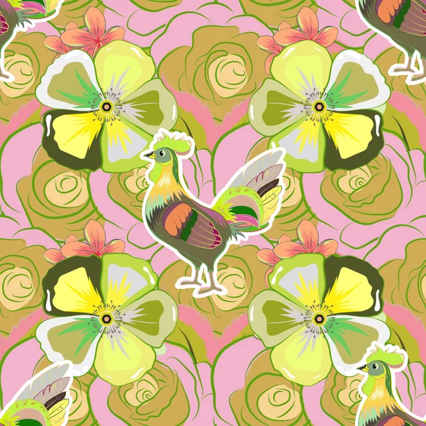 コスモスは黄色 ピンク 緑色のシームレスなパターンを咲かせます 可愛いベクトル花の背景 — ストックベクタ
