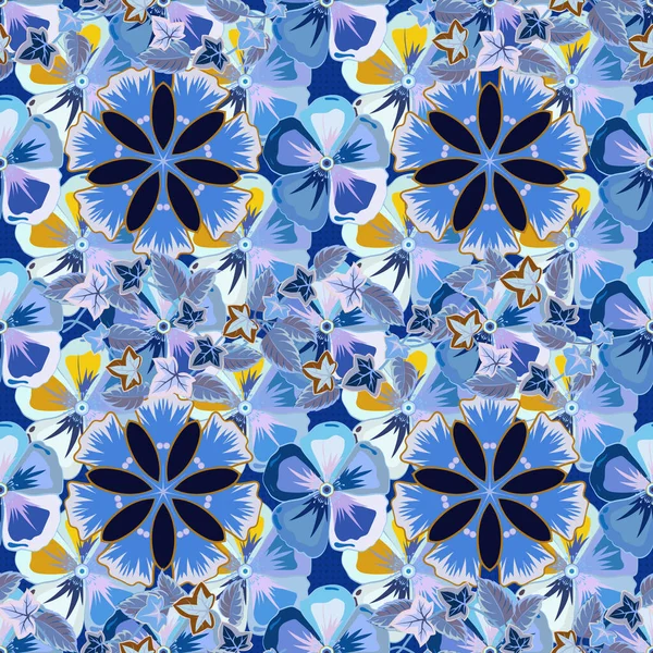 Vektorillustration Nahtloses Muster Mit Niedlichen Blumen Grau Braun Und Blau — Stockvektor