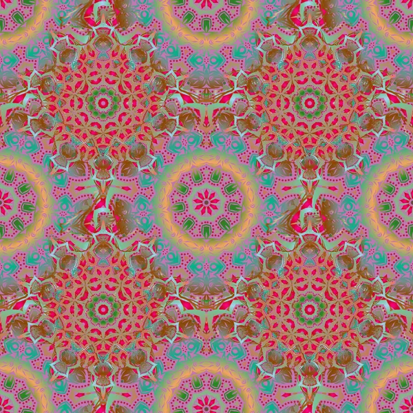 Sorunlu damasküler desensiz arka plan fayansları. Yeşil ve turuncu renklerde pürüzsüz süs.