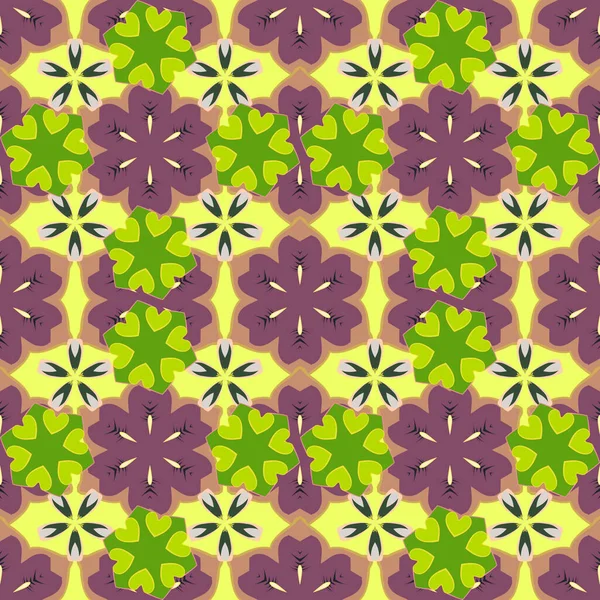 Beaucoup Fleurs Vert Violet Jaune Grille Motif Floral Paisley Modèle — Image vectorielle