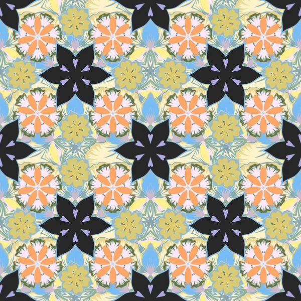 Style Floral Raster Ditsy Petites Fleurs Bleues Gris Jaunes Mignon — Image vectorielle