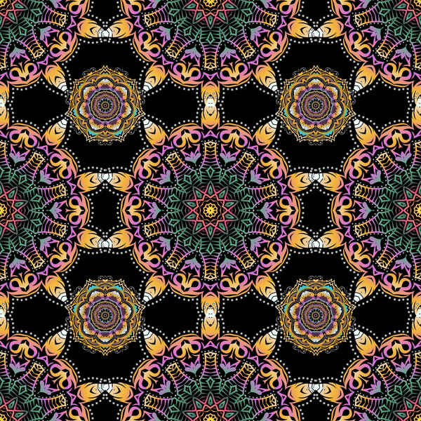 Декоративная граница зеленого и желтого цветов на черном фоне. Векторный бесшовный дамасский узор, классические обои, фон
.