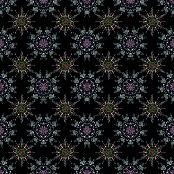 用绿色和紫罗兰色的菊花无缝花纹 皇家壁纸 黑色背景上的抽象花朵 时尚的装饰品 — 图库矢量图片