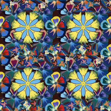 Vektör çizimi. Dekoratif kozmos çiçekleriyle kahverengi, mavi ve sarı renklerde etnik, pürüzsüz desenler..