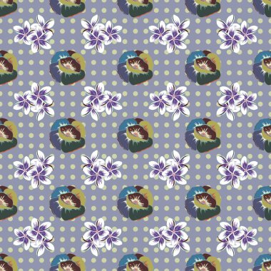 Eflatun, gri ve mavi renklerde kusursuz el yapımı gelincik çiçeği deseni.