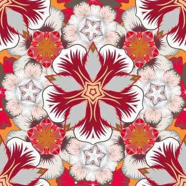 Beyaz, bej ve kırmızı ızgaralı kusursuz desen. Vintage süsün vektör kare bileşimi.