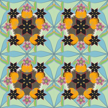 Çiçek duvar kağıdı. Şık bir şekilde stilize edilmiş çiçekler. Gri, mavi ve sarı renklerde küçük çiçekler..