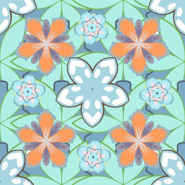 Çiçeklerin turuncu, mavi ve yeşil renkte olduğu dikişsiz suluboya deseni. Dekorasyon veya kumaş için güzel bir vektör deseni. Klasik tarzda stilize edilmiş çiçeklerin zarif deseni. Moda yazdırma