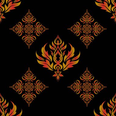 Tasarımın için, duvar kağıdı ya da tekstil. Siyah bir arkaplanda kusursuz bir çizim. Sarı ve kırmızı gradyanlı vektör geometrik kusursuz desen. Geometrik arkaplan.