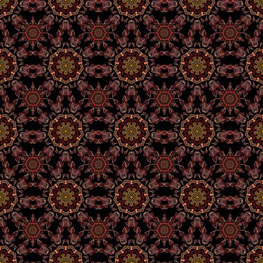 Kusursuz damaske deseni. Kırmızı renklerde Victoria dönemi desenli klasik süslemeli arkaplan.