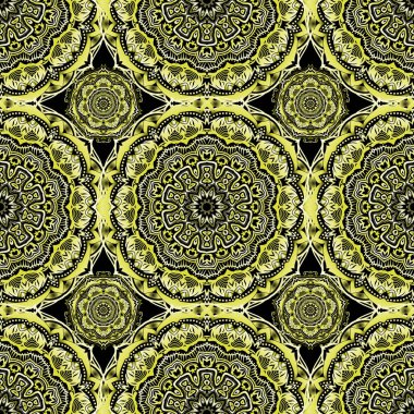 Vektörsüz damaske deseni, klasik duvar kağıdı, arka plan. Sarı ve yeşil renklerde süslü konuşmalar..